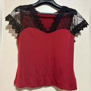 NWOT- SHEIN Maroon w/ black lace short sleeve blouse- size L(says1xl)